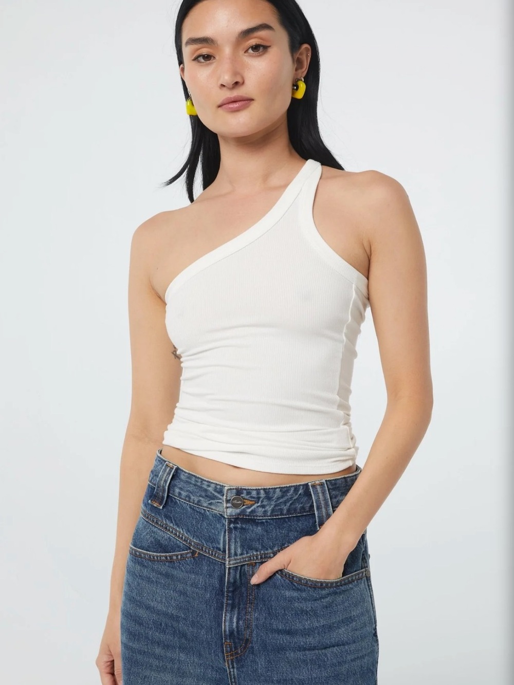 The Line by K Off-White One-Shoulder Ribbed Tank Top